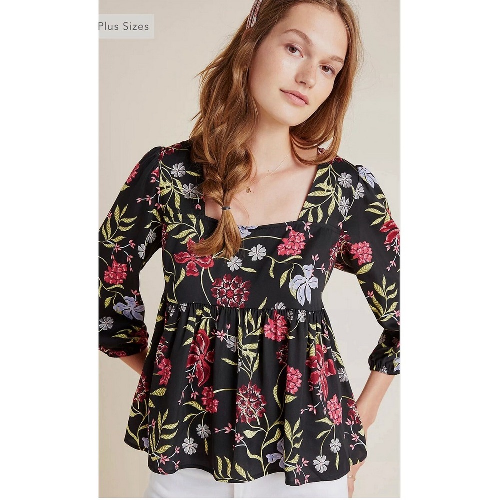 Dolan Blouse Womens Small Black Floral Square Neck 3/4 Sleeve Boho Babydoll Y2K